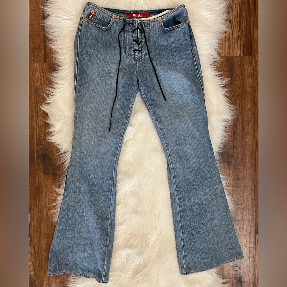 VTG 1990s GUESS Light Wash Lace Up, Wide Flare Denim Jeans, Size 27, Made In USA